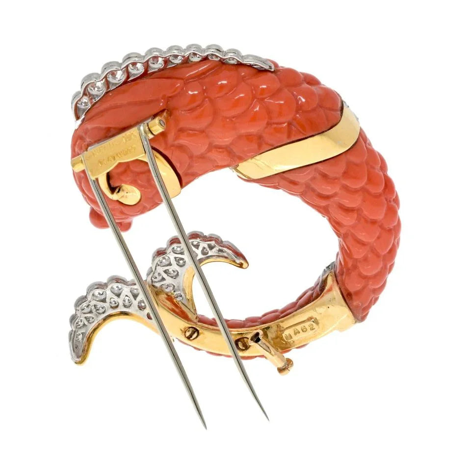 David Webb Platinum Carved Coral Dolphin Clip Brooch — view 4 — Laura Milman New York