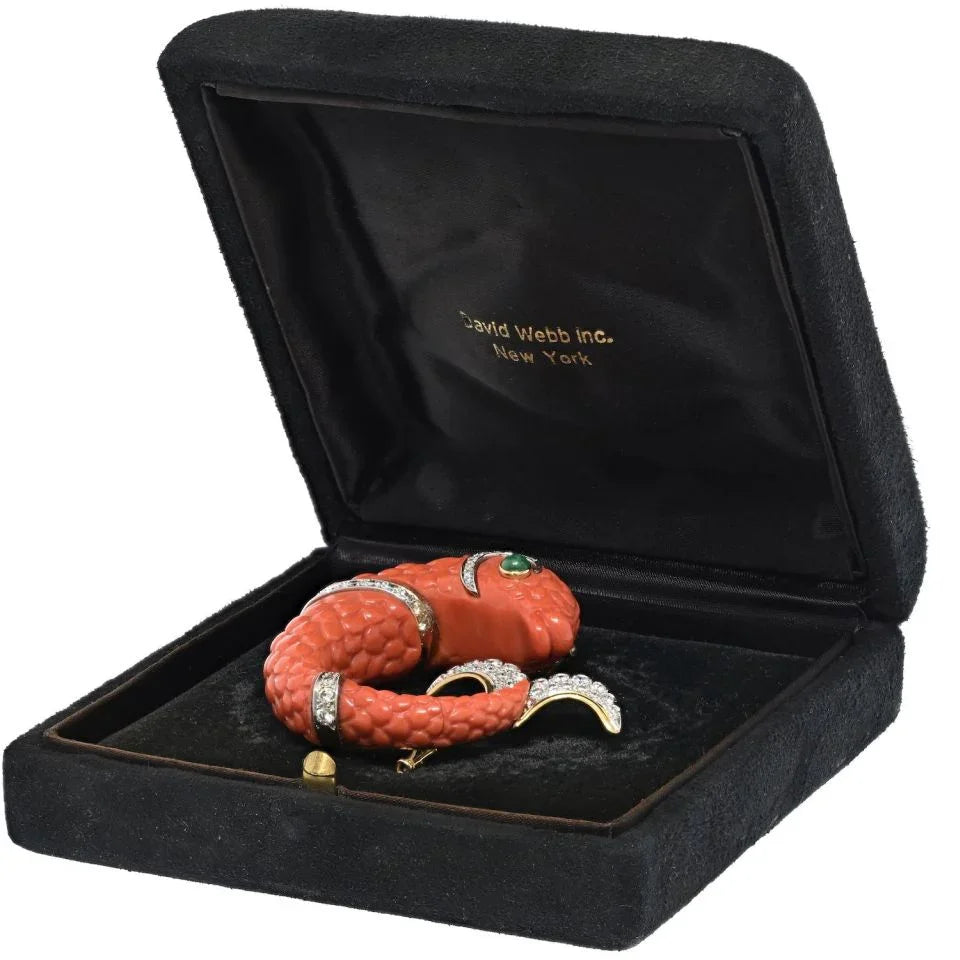 David Webb Platinum Carved Coral Dolphin Clip Brooch — view 5 — Laura Milman New York