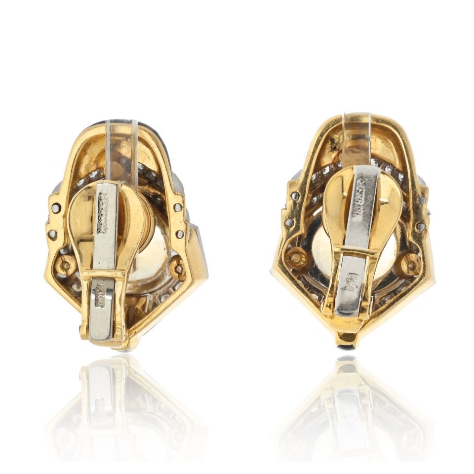 David Webb Platinum & 18K Yellow Gold Oval Cut Yellow Sapphire, Black Enamel And Diamond Earrings — view 4 — Laura Milman New York