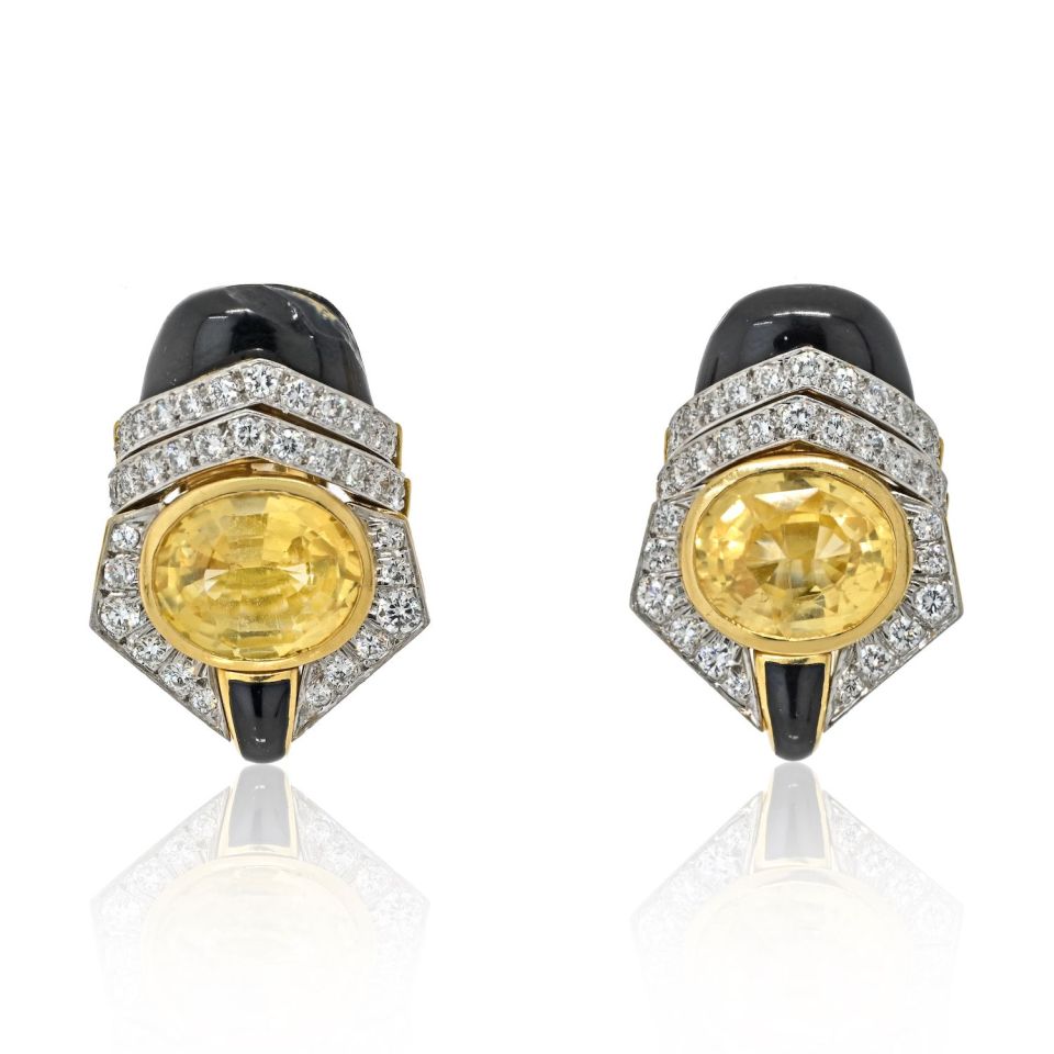 David Webb Platinum & 18K Yellow Gold Oval Cut Yellow Sapphire, Black Enamel And Diamond Earrings — Laura Milman New York