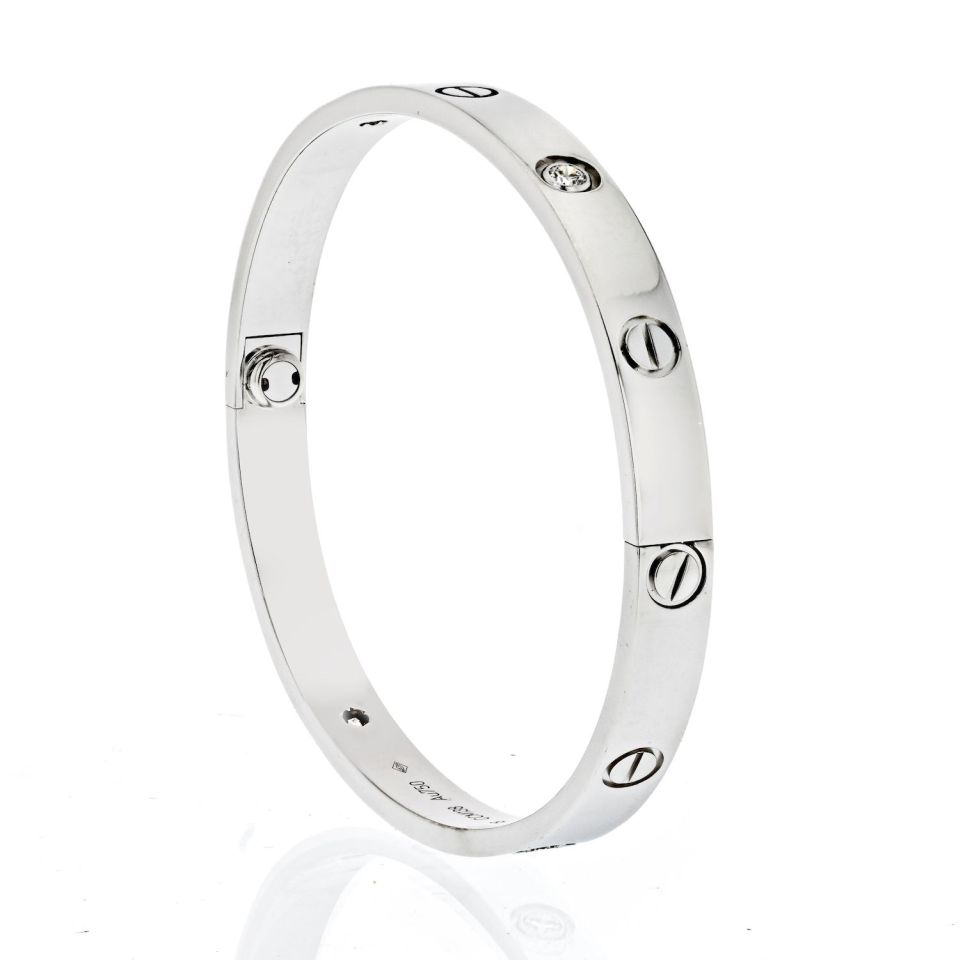 Cartier 18K White Gold Love Bangle with Four Diamonds, Size 18