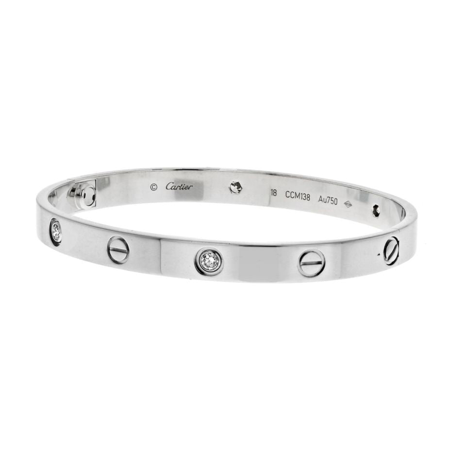 Cartier 18K White Gold Love Bangle with Four Diamonds, Size 18