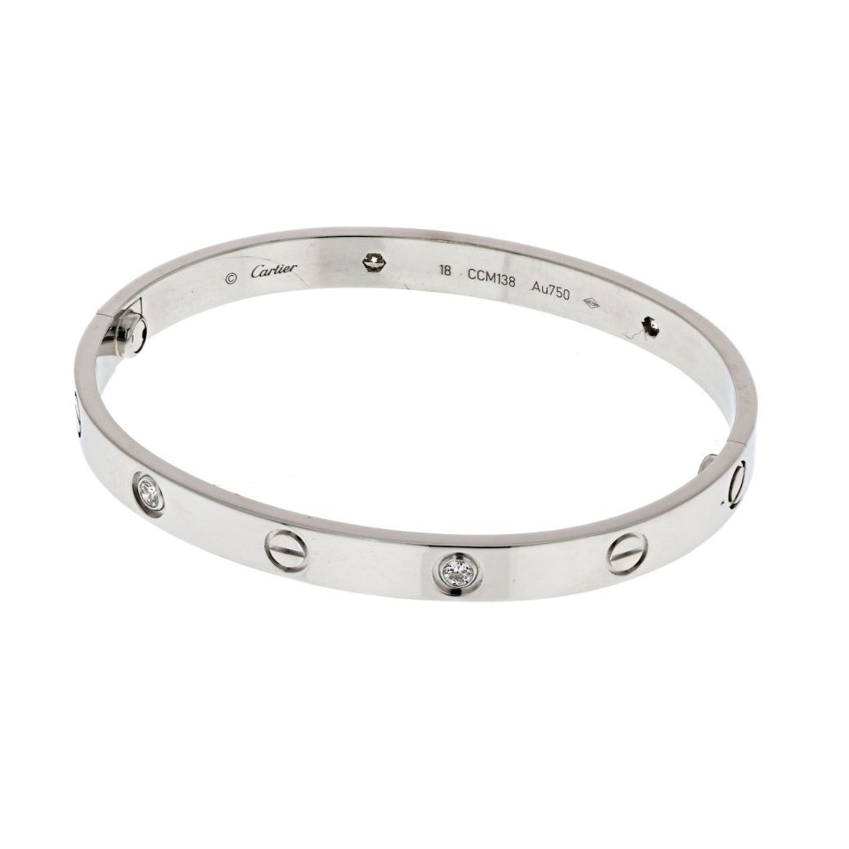 Cartier 18K White Gold Love Bangle with Four Diamonds, Size 18