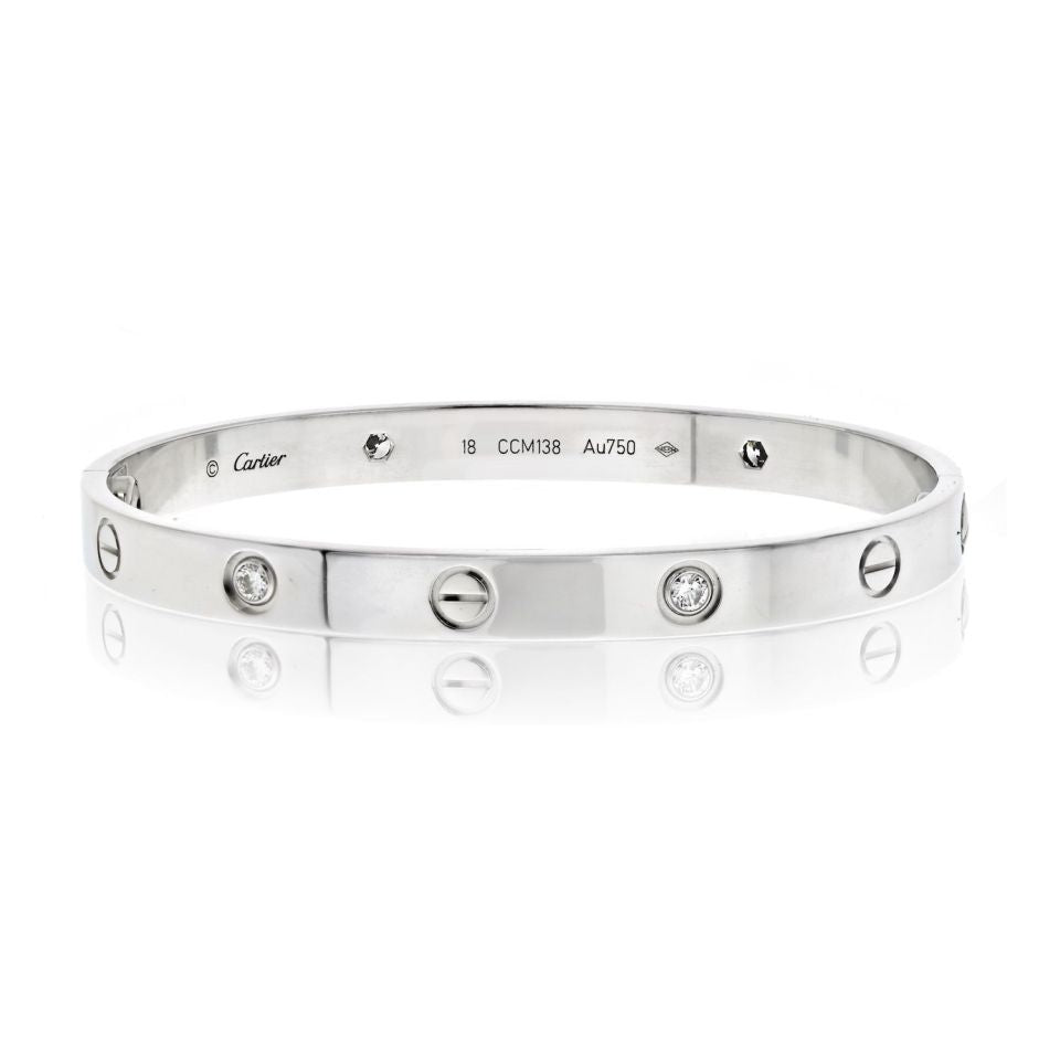 Cartier 18K White Gold Love Bangle with Four Diamonds, Size 18