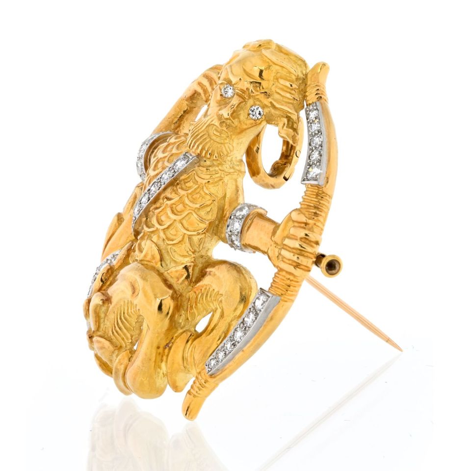 David Webb Platinum & 18K Yellow Gold Sagittarius Diamond Zodiac Pendant Pin Brooch — view 2 — Laura Milman New York