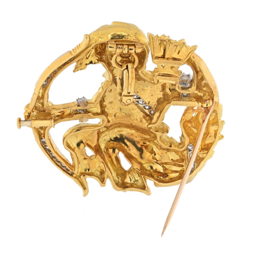 David Webb Platinum & 18K Yellow Gold Sagittarius Diamond Zodiac Pendant Pin Brooch — view 4 — Laura Milman New York