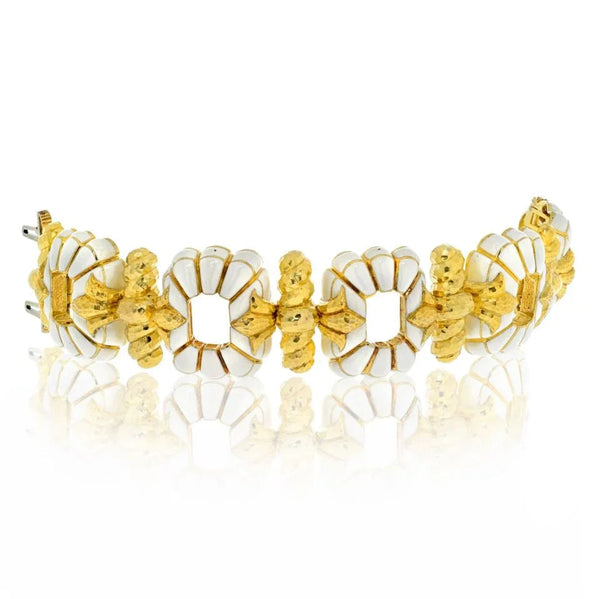 David Webb Platinum & 18K Yellow Gold White Enamel Floral Motif Open Link Bracelet
