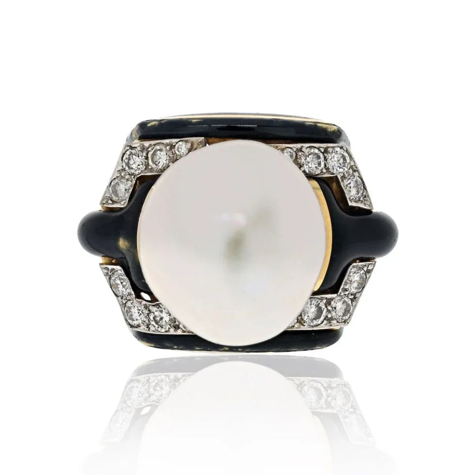 David Webb Platinum & 18K Yellow Gold Pearl, Diamond, Black Enamel Ring — Laura Milman New York