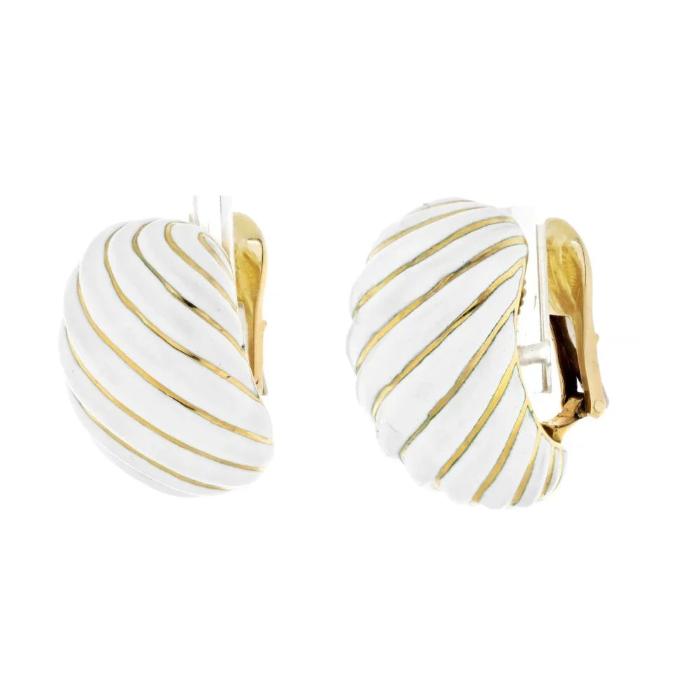 David Webb Platinum & 18K Yellow Gold White Enamel Wave Clip Earrings — view 2 — Laura Milman New York