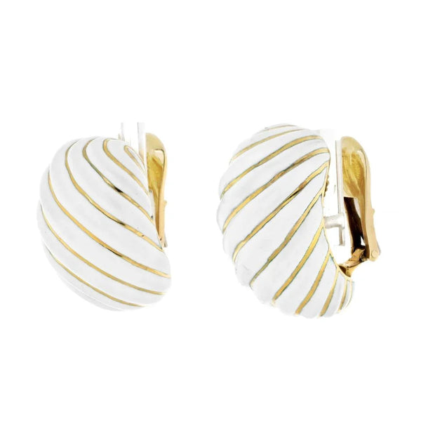 David Webb Platinum & 18K Yellow Gold White Enamel Wave Clip Earrings — view 2