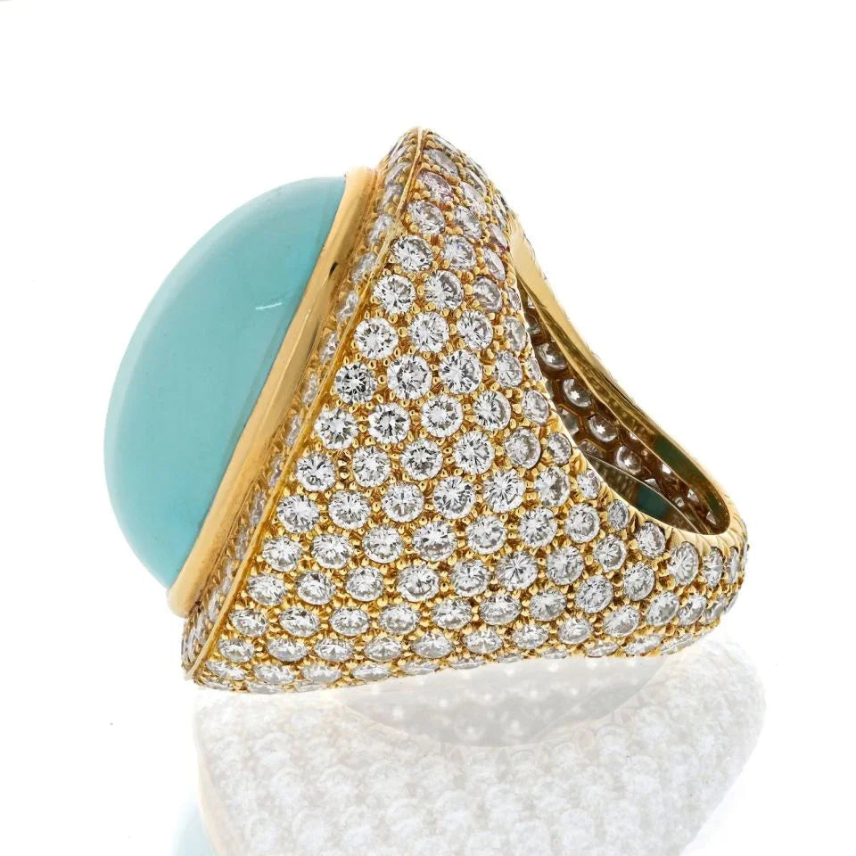 David Webb Platinum & 18K Yellow Gold Large Turquoise And Diamond Ring — view 2 — Laura Milman New York