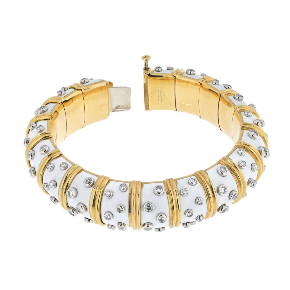 Tiffany & Co. Schlumberger White Enamel Diamond Bangle Bracelet — view 2 — Laura Milman New York