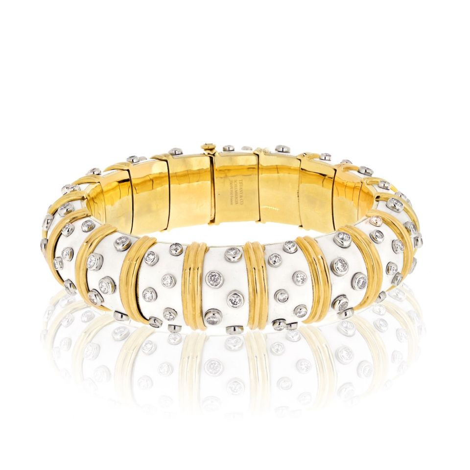 Tiffany & Co. Schlumberger White Enamel Diamond Bangle Bracelet — Laura Milman New York