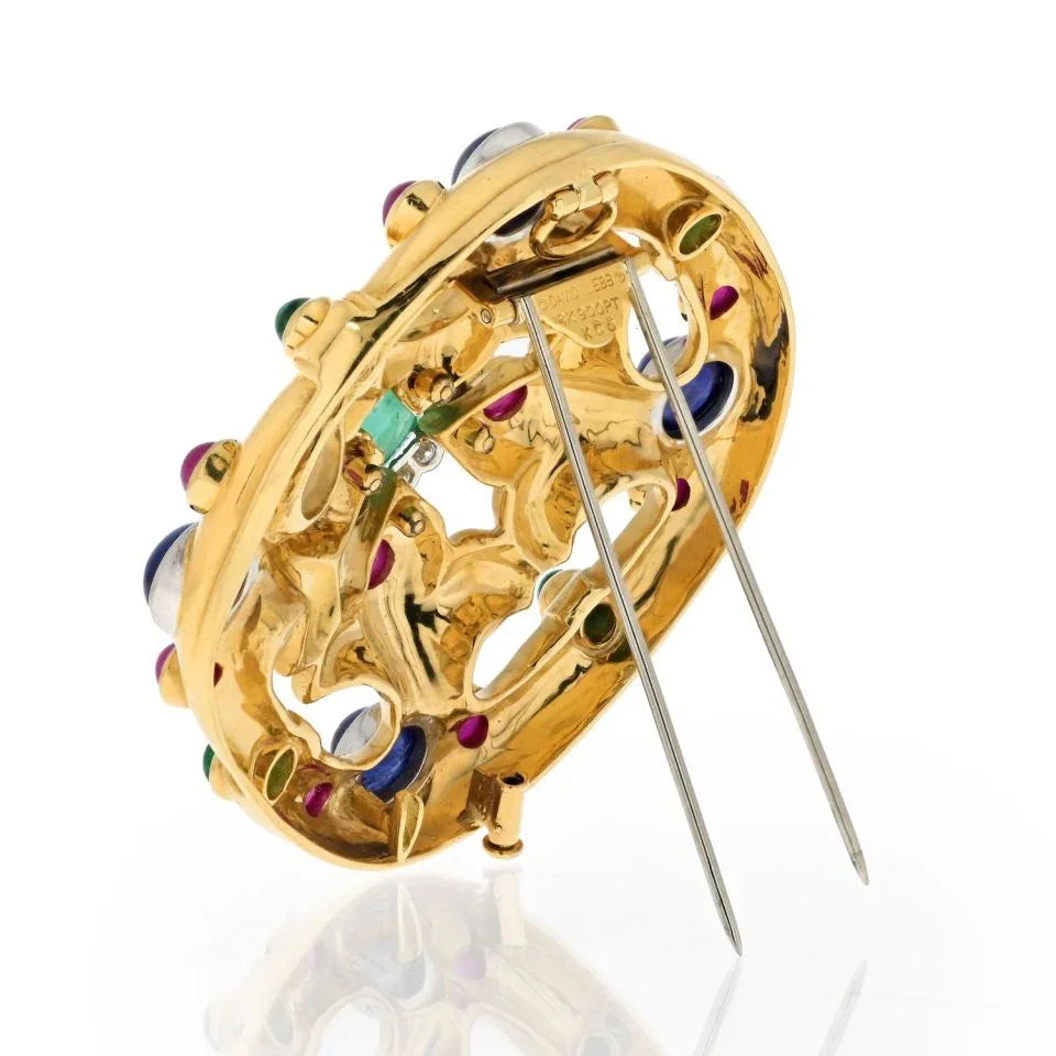 David Webb 18K Yellow Gold Cabochon Emerald, Sapphire, Ruby And Diamond Brooch — view 3 — Laura Milman New York