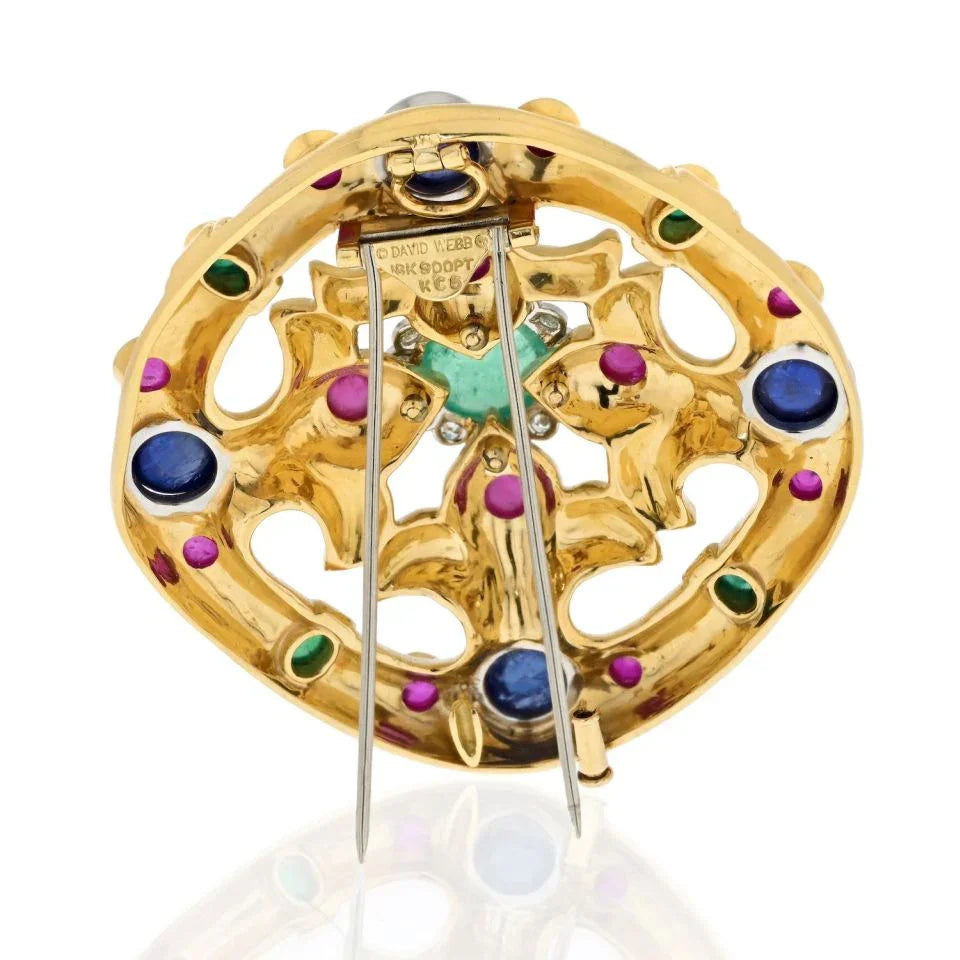 David Webb 18K Yellow Gold Cabochon Emerald, Sapphire, Ruby And Diamond Brooch — view 4 — Laura Milman New York