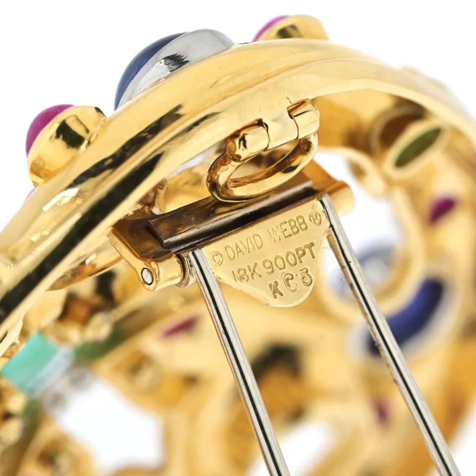 David Webb 18K Yellow Gold Cabochon Emerald, Sapphire, Ruby And Diamond Brooch — view 5 — Laura Milman New York