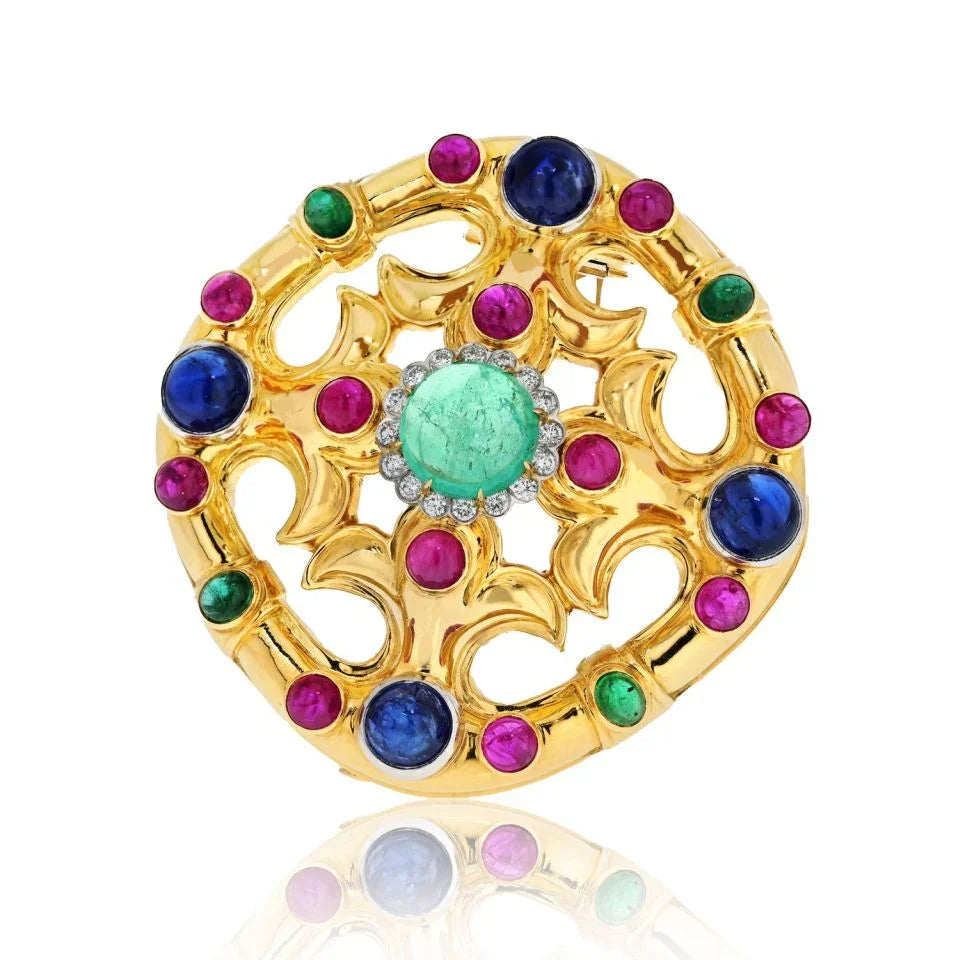 David Webb 18K Yellow Gold Cabochon Emerald, Sapphire, Ruby And Diamond Brooch — Laura Milman New York