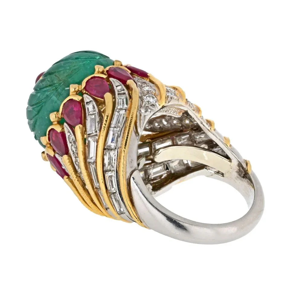 David Webb Platinum & 18K Yellow Gold Mughal Carved Emerald And Ruby Ring — view 3 — Laura Milman New York