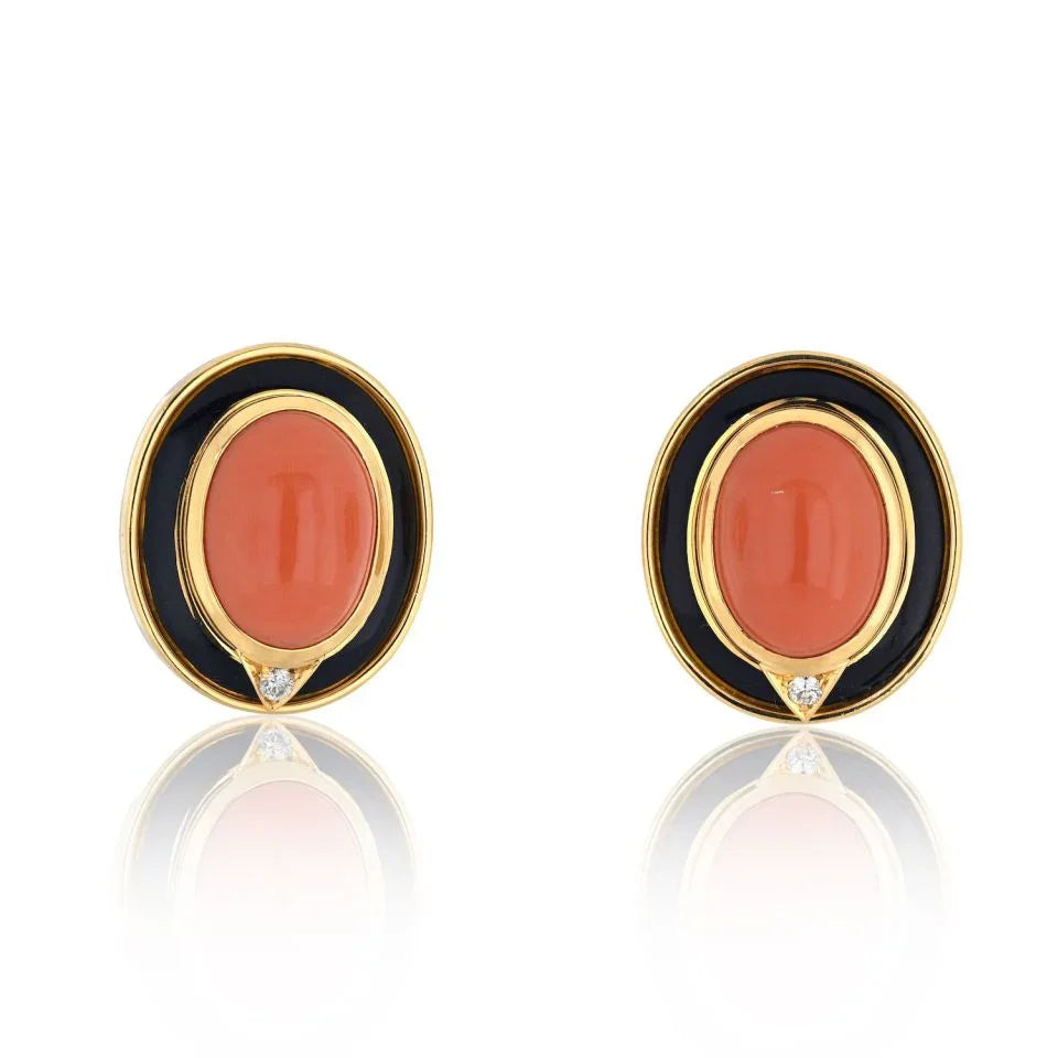 Bvlgari 18K Yellow Gold Coral, Black Enamel, Onyx Earrings — Laura Milman New York