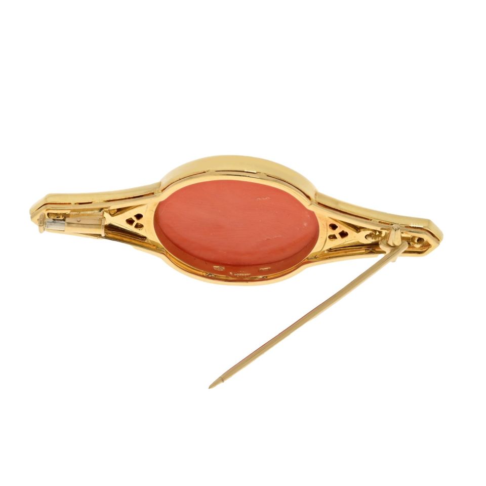 Bvlgari 18K Yellow Gold Coral Black Enamel Diamond Brooch