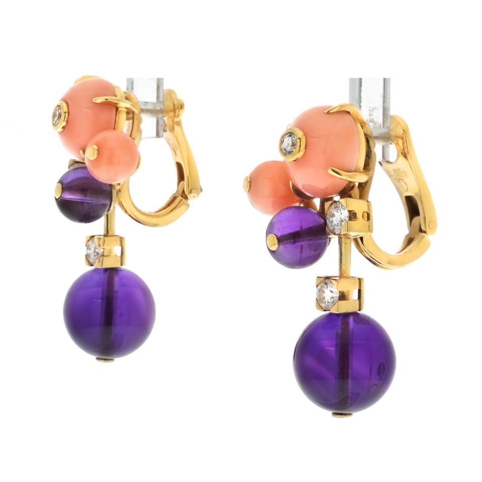Cartier Delices de Goa Earclips in 18K Yellow Gold with Pink Coral and Amethyst