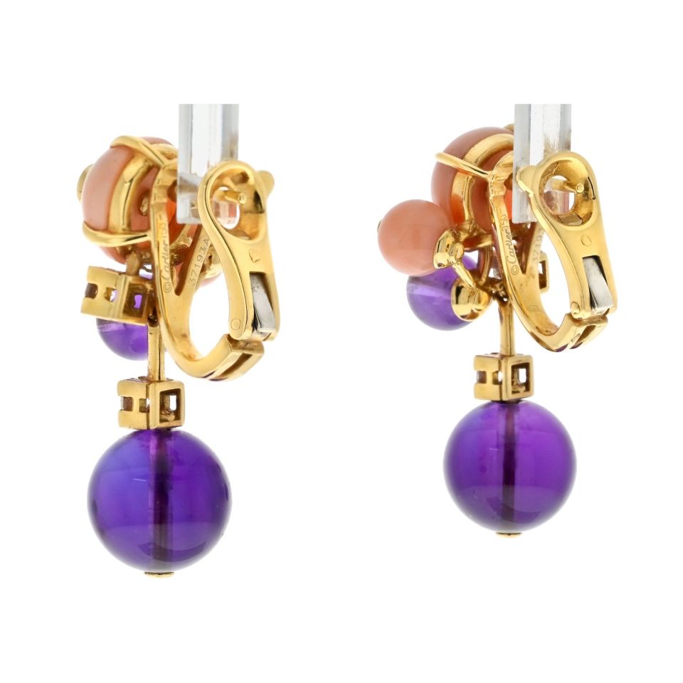Cartier Delices de Goa Earclips in 18K Yellow Gold with Pink Coral and Amethyst