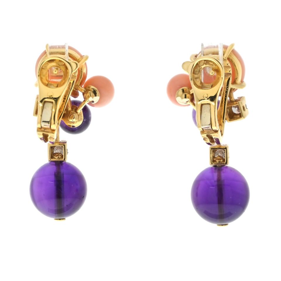 Cartier Delices de Goa Earclips in 18K Yellow Gold with Pink Coral and Amethyst