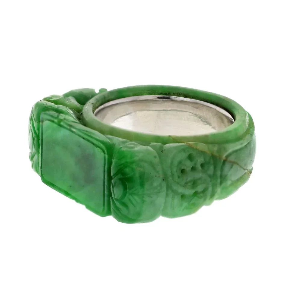 David Webb 14K White Gold Carved Jade Ring — view 2 — Laura Milman New York