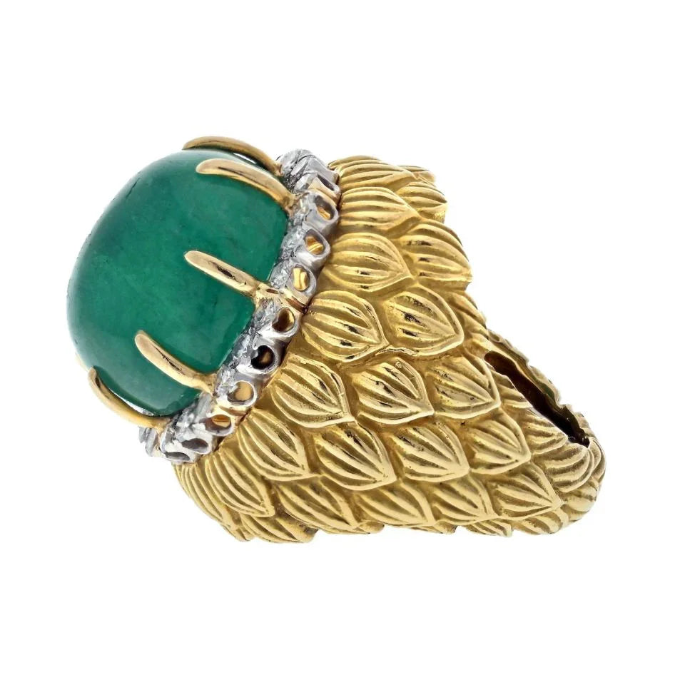 David Webb Platinum & 18K Yellow Gold Cabochon Green Emerald And Diamond Textured Ring — view 2 — Laura Milman New York