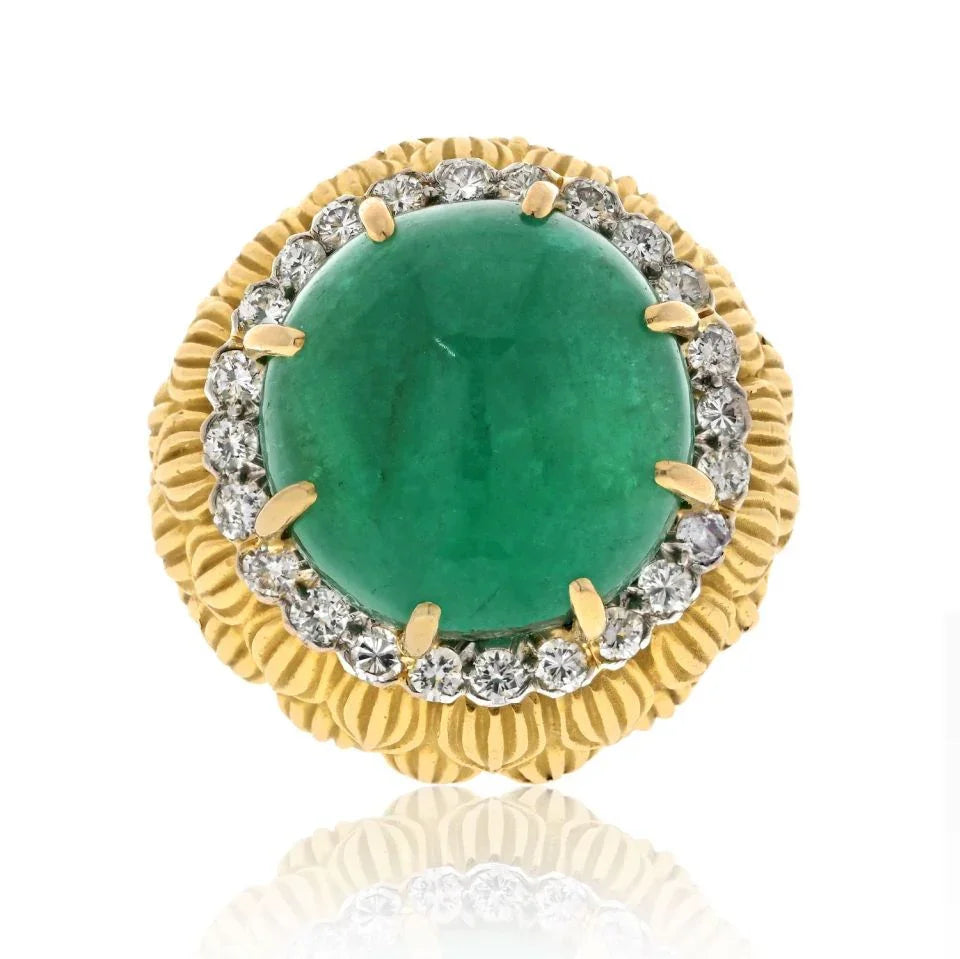 David Webb Platinum & 18K Yellow Gold Cabochon Green Emerald And Diamond Textured Ring — Laura Milman New York