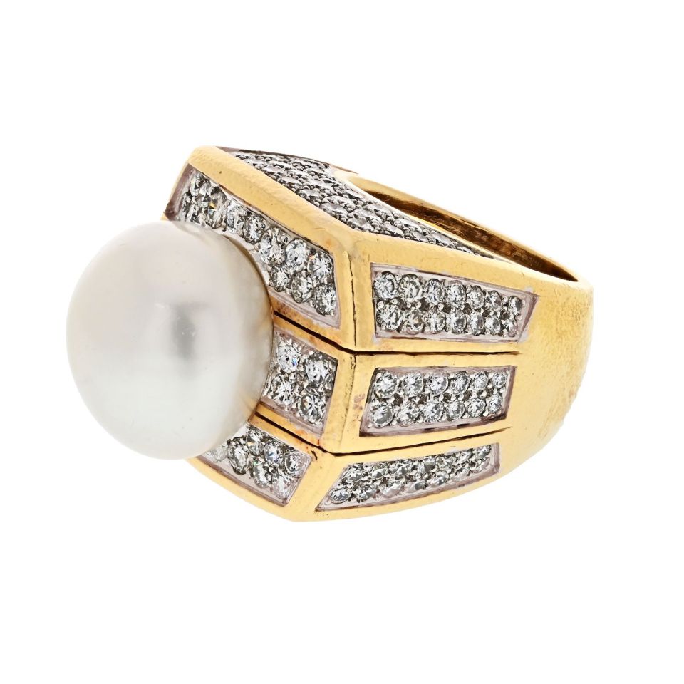 David Webb Platinum & 18K Yellow Gold Pearl And 9.00cttw Diamond Ring — view 2 — Laura Milman New York