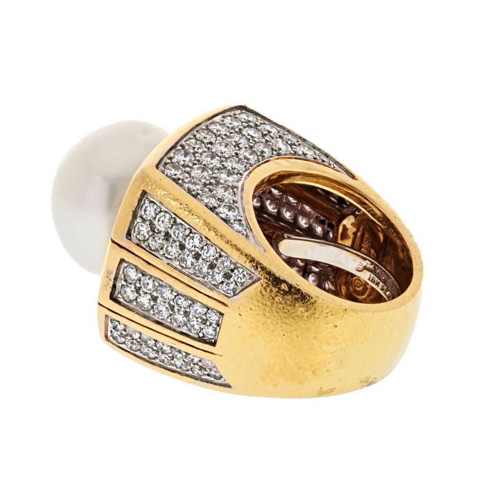 David Webb Platinum & 18K Yellow Gold Pearl And 9.00cttw Diamond Ring — view 3 — Laura Milman New York