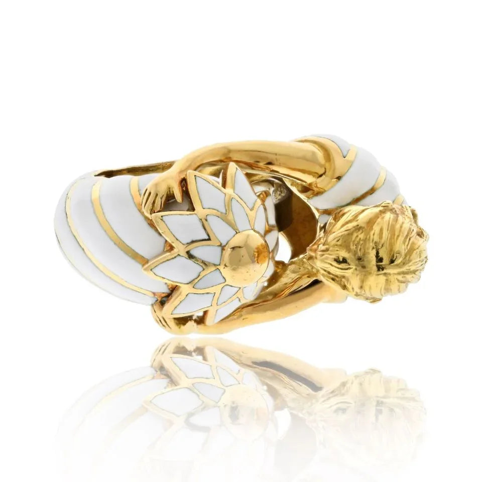 David Webb Platinum & 18K Yellow Gold Virgo Male Figure White Enamel Ring — view 2 — Laura Milman New York