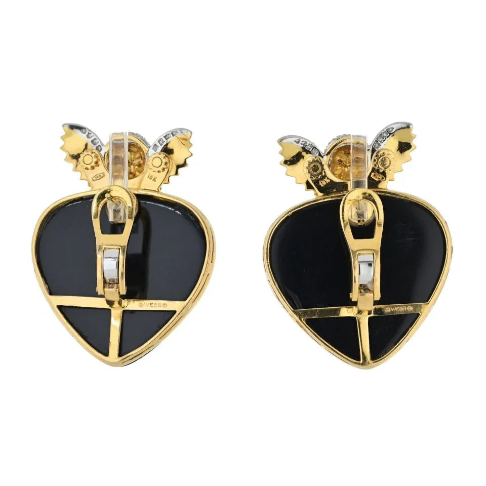 David Webb 18K Yellow Gold Cupid Black Enamel Diamond Studed Heart Clip Earrings — view 4 — Laura Milman New York