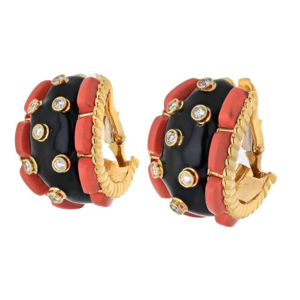 David Webb Platinum & 18K Yellow Gold Coral, Diamond And Black Enamel Earrings — view 2 — Laura Milman New York