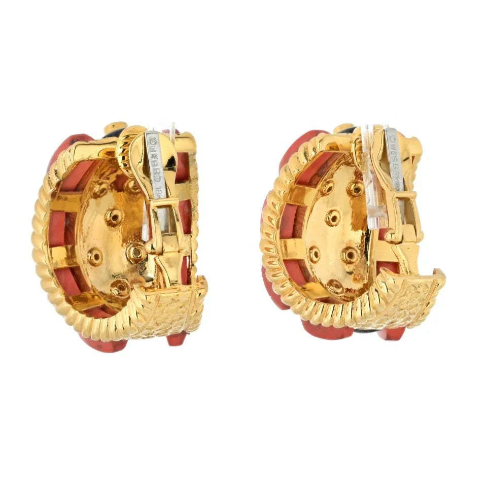 David Webb Platinum & 18K Yellow Gold Coral, Diamond And Black Enamel Earrings — view 3 — Laura Milman New York