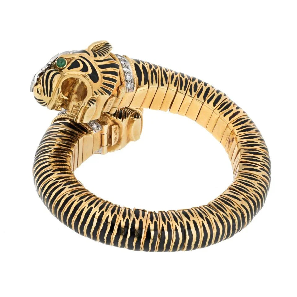 David Webb Platinum & 18K Yellow Gold Double Head Tiger Black Enamel Bracelet — view 3 — Laura Milman New York