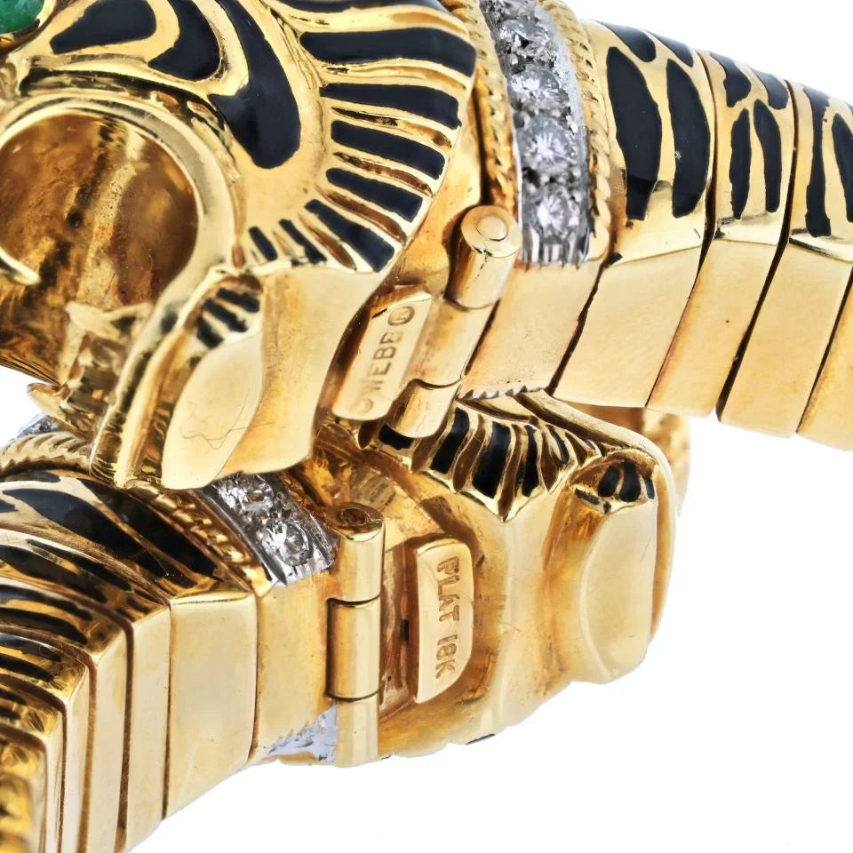 David Webb Platinum & 18K Yellow Gold Double Head Tiger Black Enamel Bracelet — view 4 — Laura Milman New York