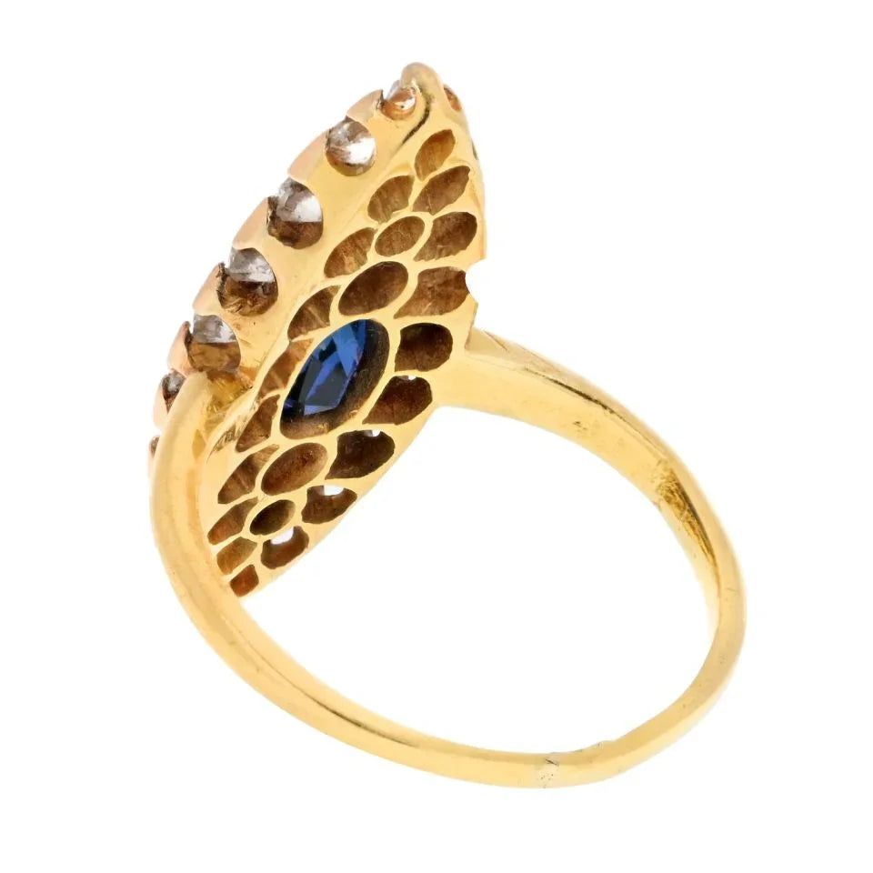 Tiffany & Co. 14K Yellow Gold Burma Sapphire And Old Cut Diamond Navette Ring — view 3 — Laura Milman New York