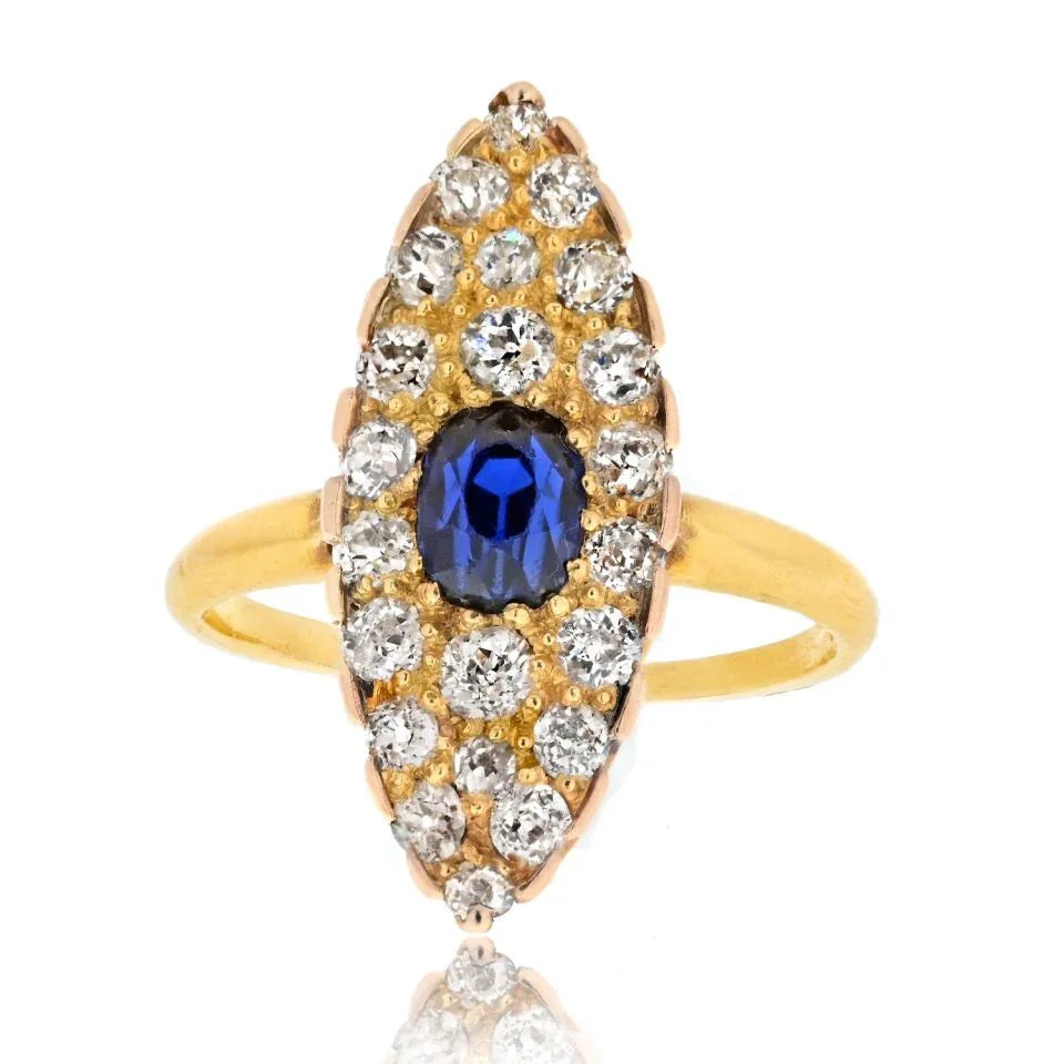 Tiffany & Co. 14K Yellow Gold Burma Sapphire And Old Cut Diamond Navette Ring — Laura Milman New York