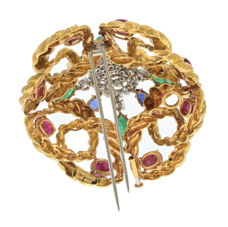 David Webb Platinum & 18K Yellow Gold Multigem Emerald, Ruby And Diamond Brooch — view 4 — Laura Milman New York