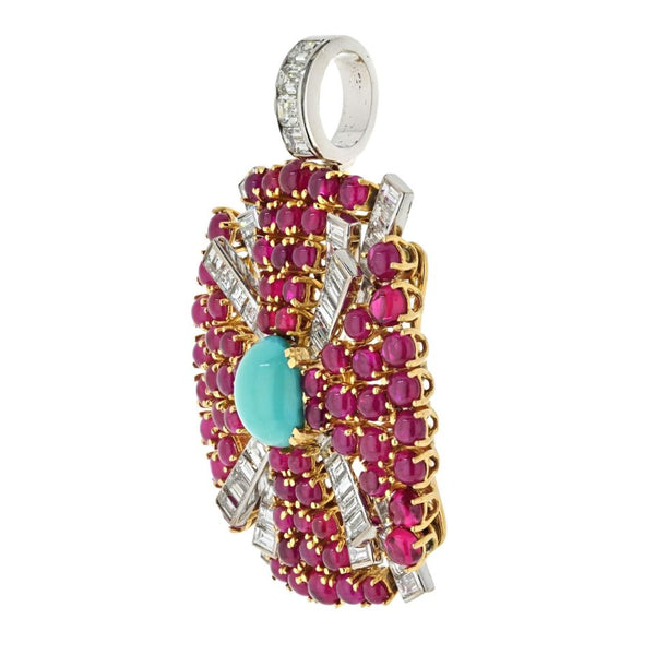 David Webb Platinum & 18K Yellow Gold Turquoise, Diamond And Ruby Pendant — view 2
