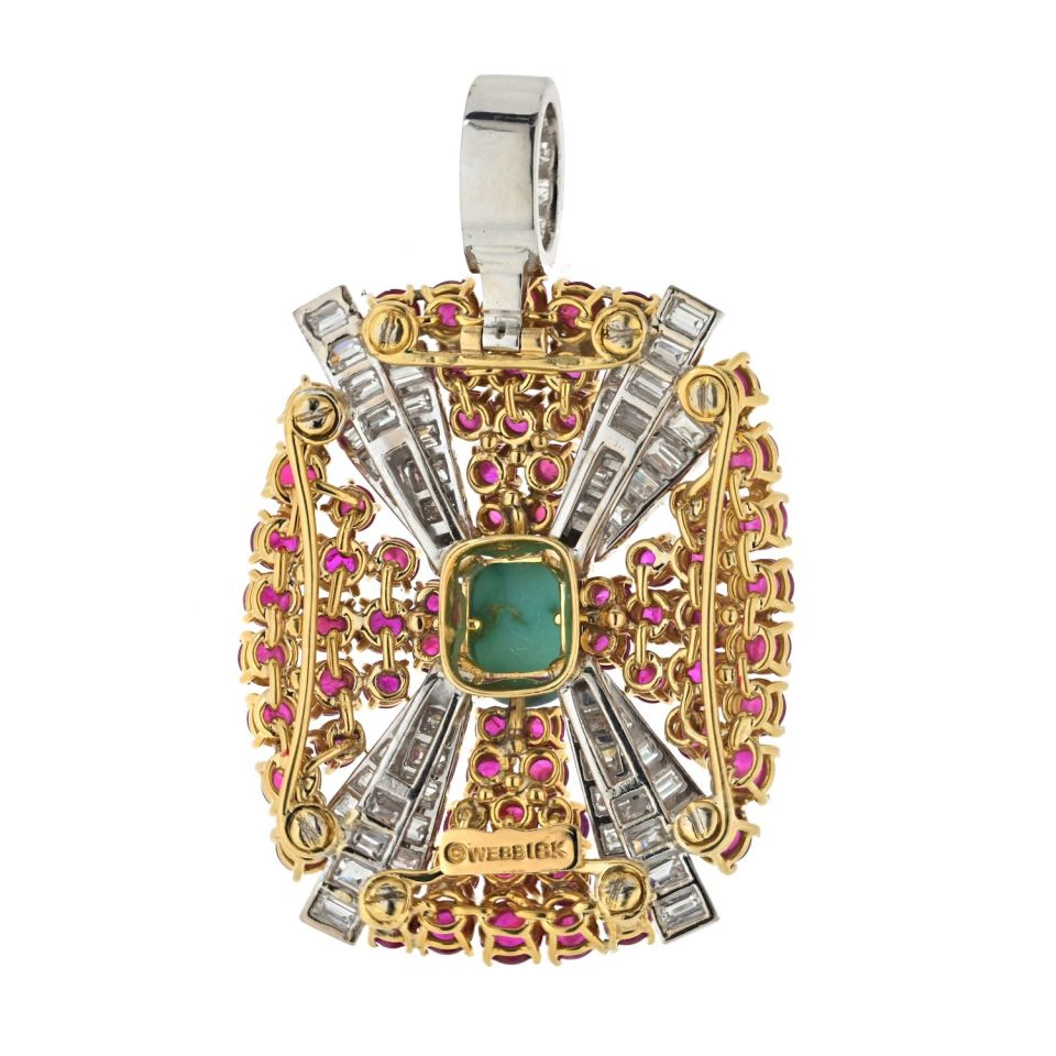 David Webb Platinum & 18K Yellow Gold Turquoise, Diamond And Ruby Pendant — view 4 — Laura Milman New York