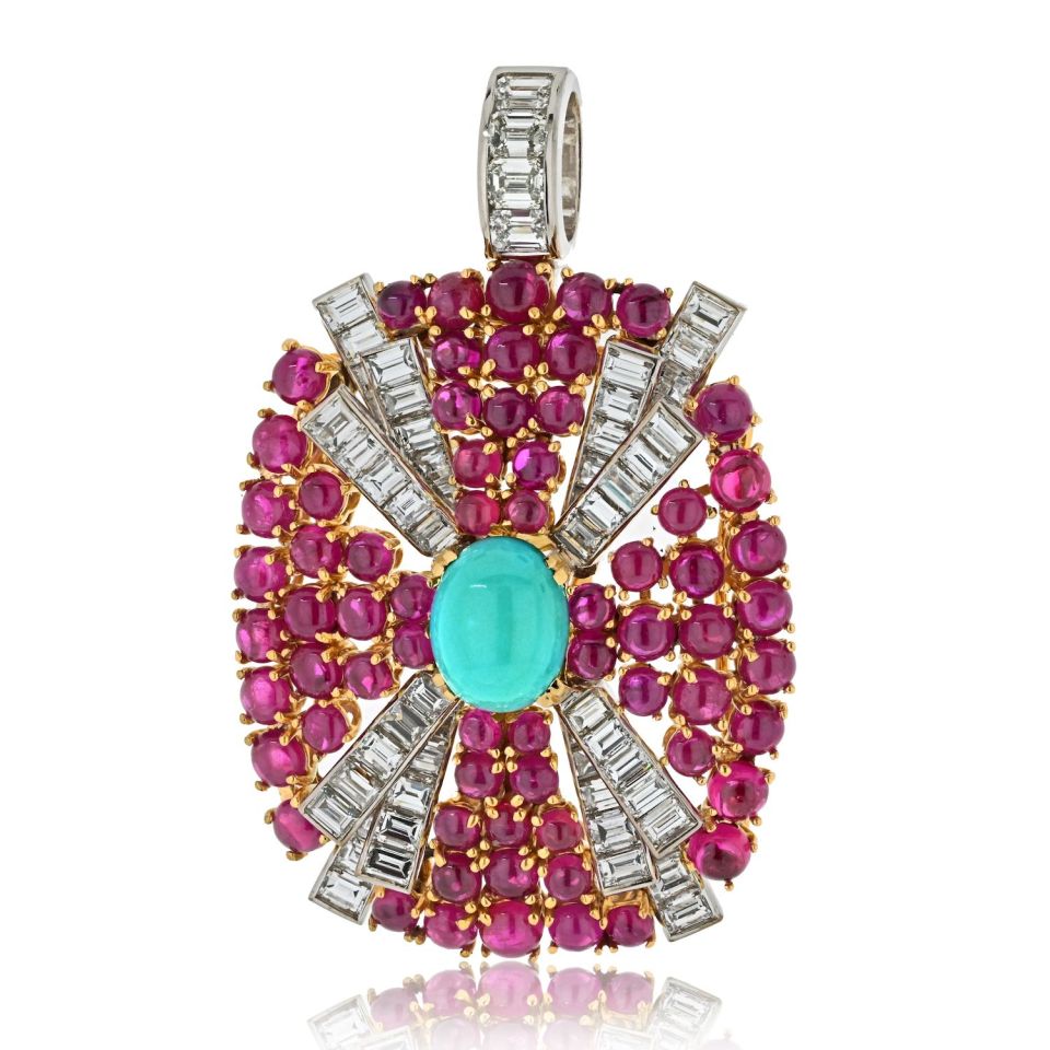David Webb Platinum & 18K Yellow Gold Turquoise, Diamond And Ruby Pendant — Laura Milman New York