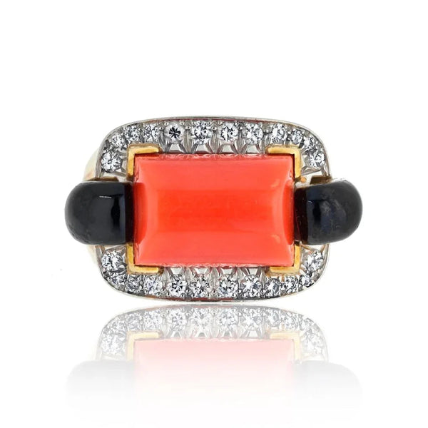 David Webb Platinum & 18K Yellow Gold Coral, Onyx And Diamond Ring