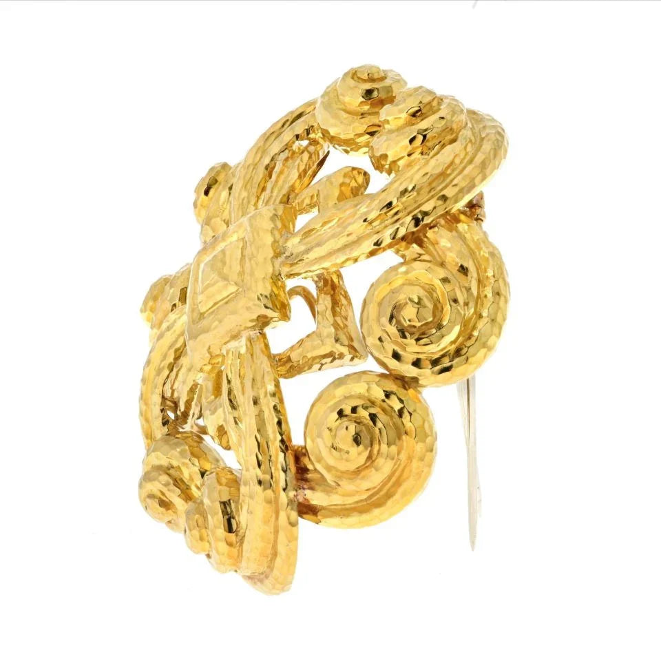 David Webb Platinum & 18K Yellow Gold Scrolled Hammered Brooch — view 2 — Laura Milman New York
