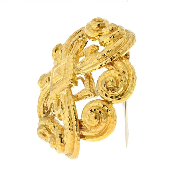 David Webb Platinum & 18K Yellow Gold Scrolled Hammered Brooch — view 2