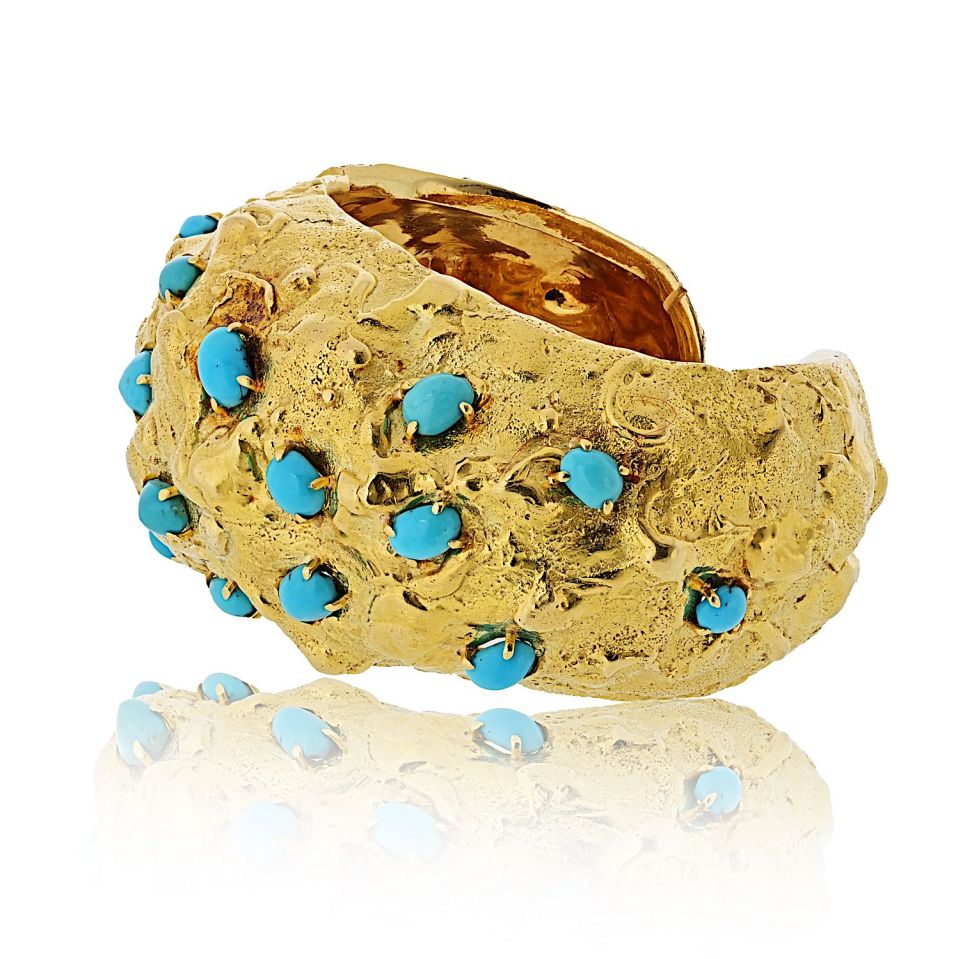 David Webb Platinum & 18K Yellow Gold Hammered Turquoise Cabochon Cut Cuff Bracelet — view 2 — Laura Milman New York