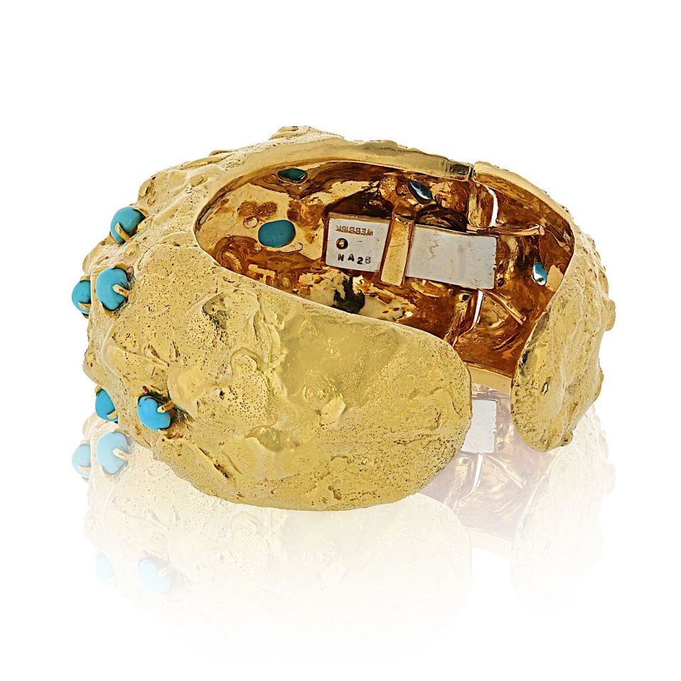 David Webb Platinum & 18K Yellow Gold Hammered Turquoise Cabochon Cut Cuff Bracelet — view 3 — Laura Milman New York