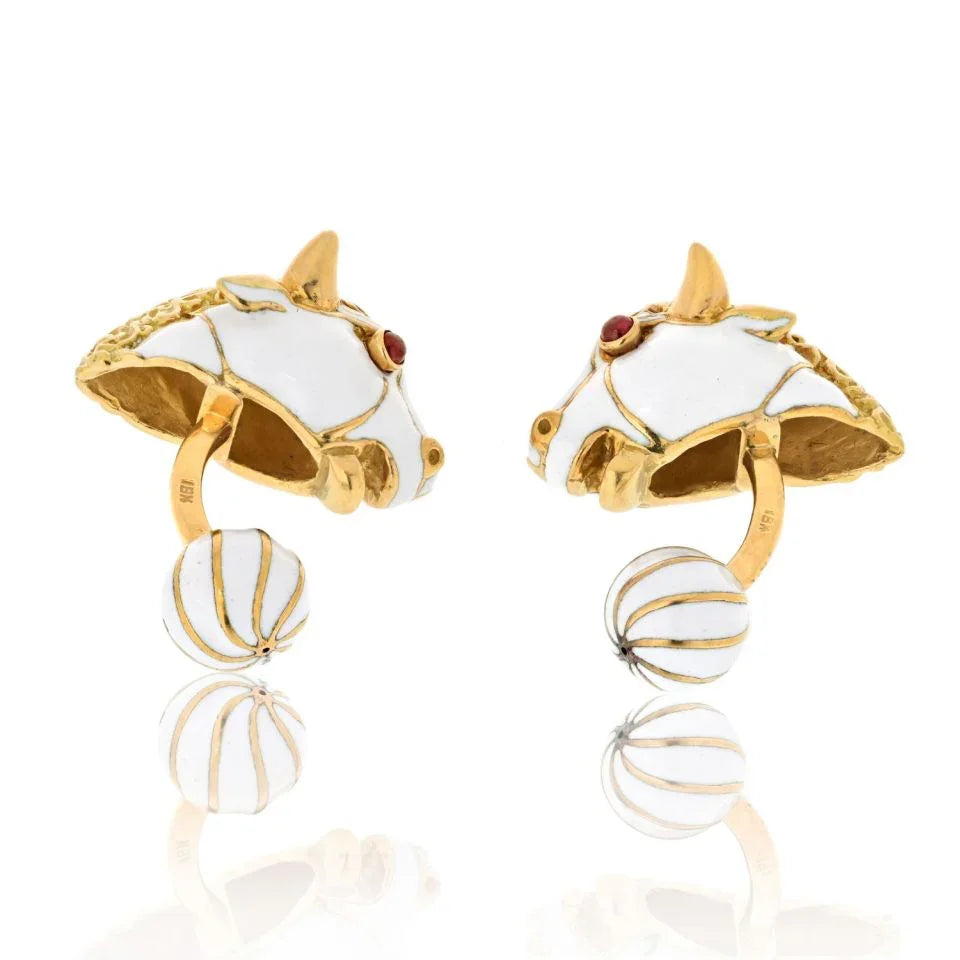 David Webb Platinum & 18K Yellow Gold White Enamel Bull With Ruby Eyes Cuff Links — Laura Milman New York